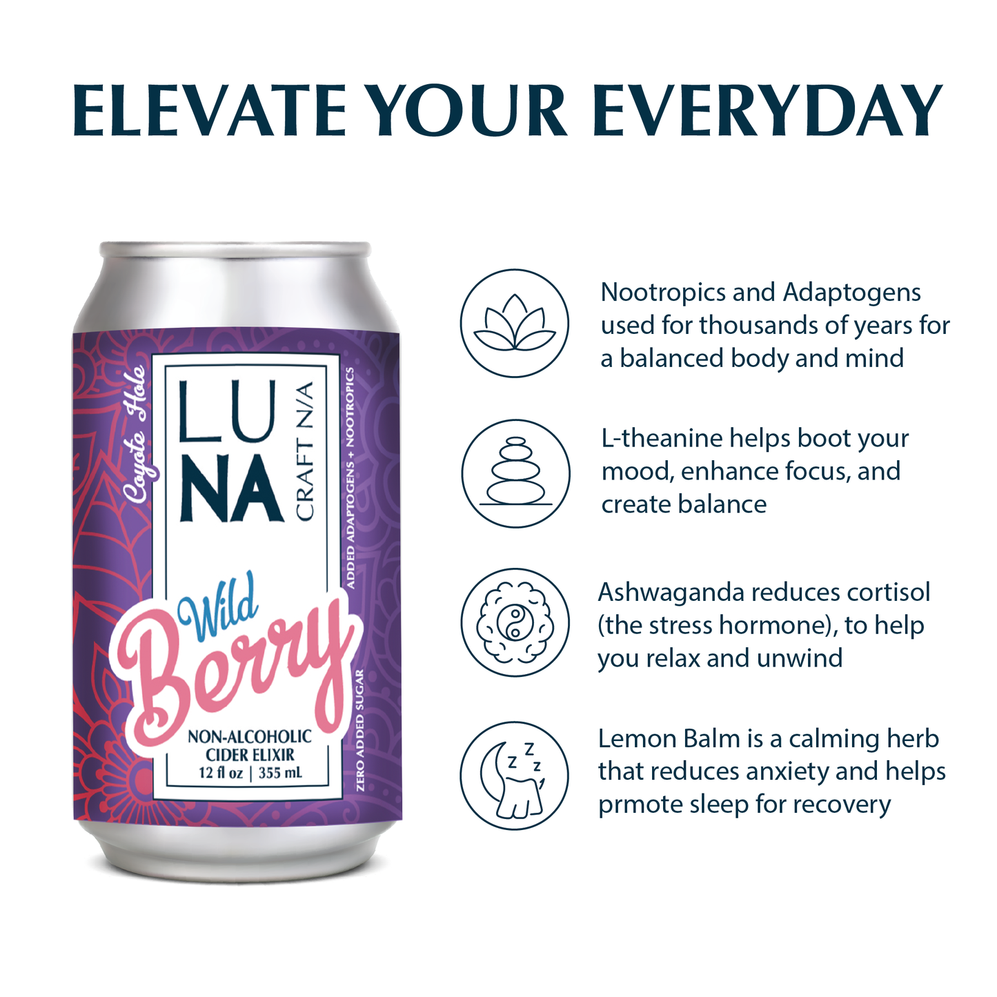LUNA Variety Pack Nootropic + Adaptogen Non-Alcoholic Cider 12oz Can - 12 Pack