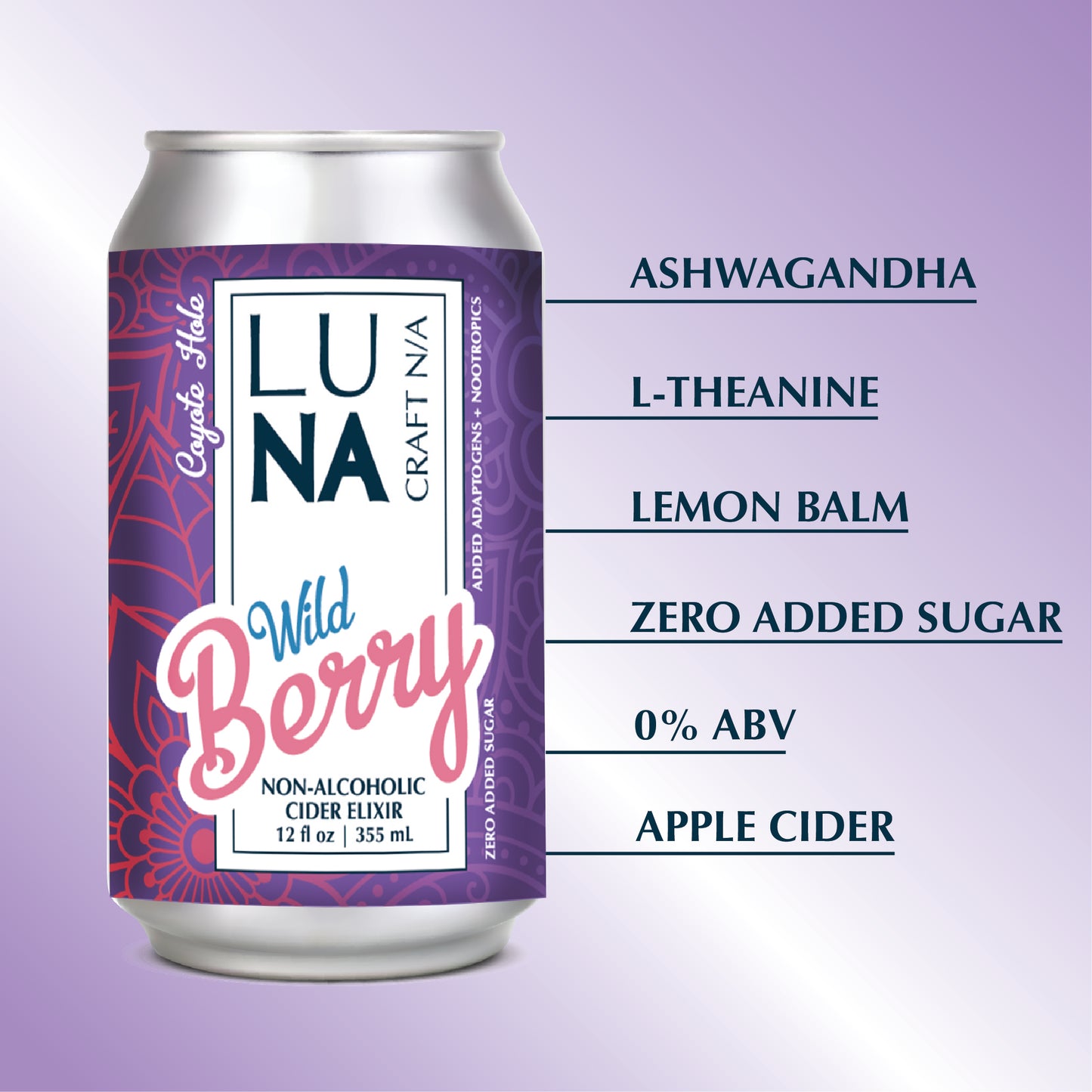 LUNA Wild Berry Nootropic + Adaptogen Non-Alcoholic Cider 12oz Can - 12 Pack
