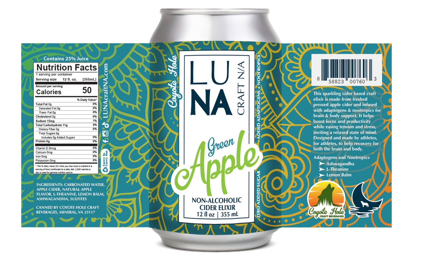LUNA Green Apple Nootropic + Adaptogen Non-Alcoholic Cider 12oz Can - 12 Pack