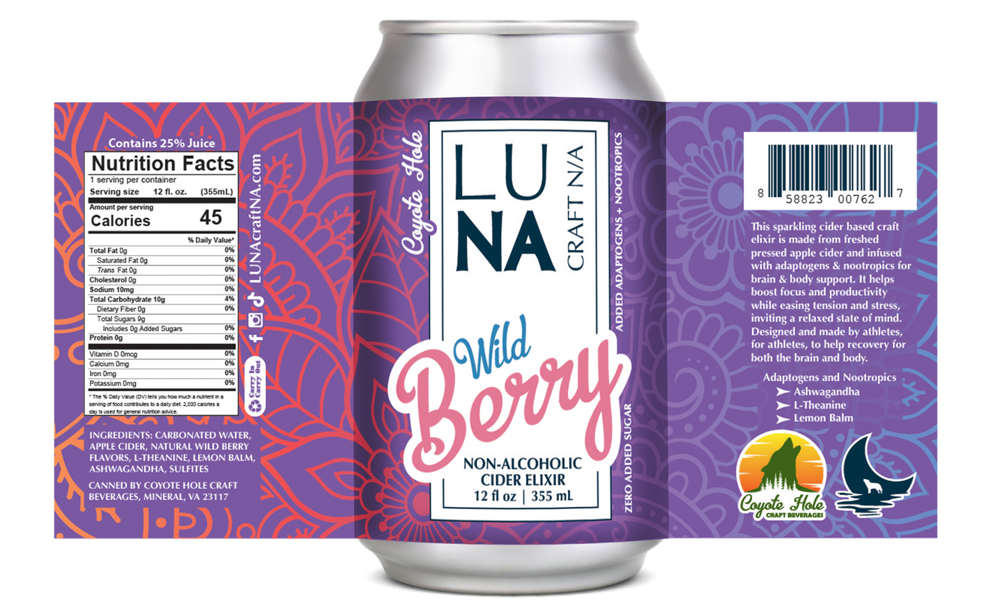 LUNA Wild Berry Nootropic + Adaptogen Non-Alcoholic Cider 12oz Can - 12 Pack