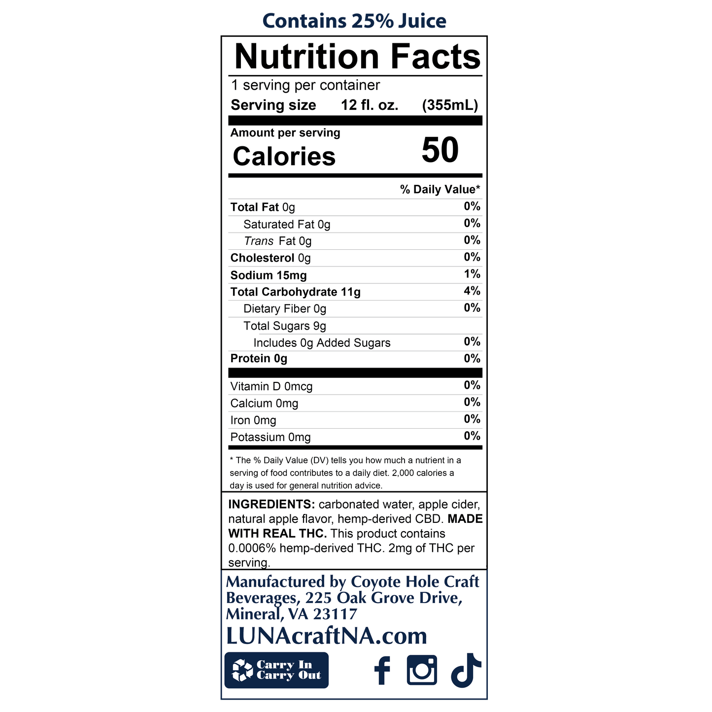 LUNA Apple Hemp-Derived Delta-9 THC + CBD Cider Nutrition Panel