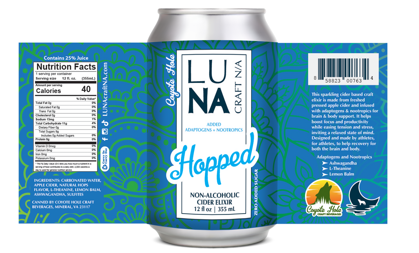 LUNA Hopped Nootropic + Adaptogen Non-Alcoholic Cider 12oz Can - 12 Pack
