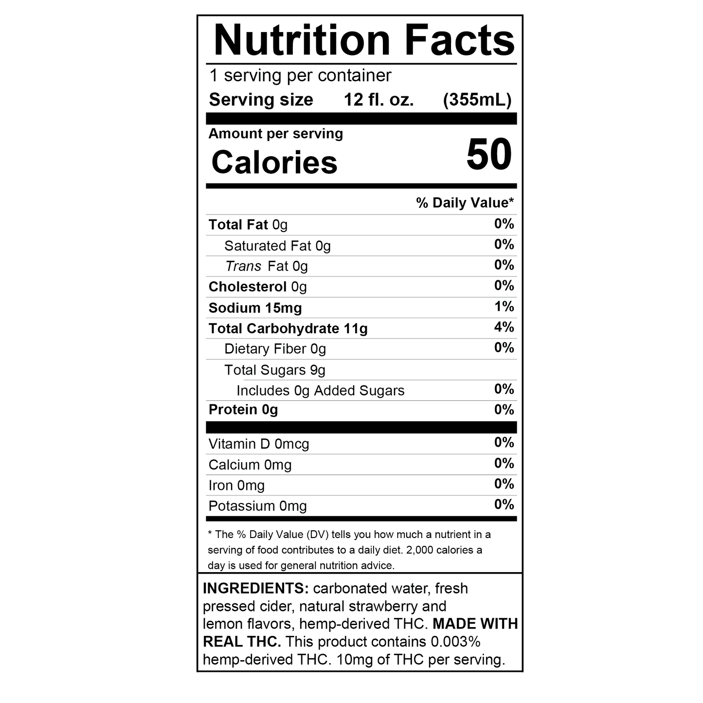 LUNA Strawberry Lemonade Hemp-Derived Delta-9 THC Cider Nutrition Panel