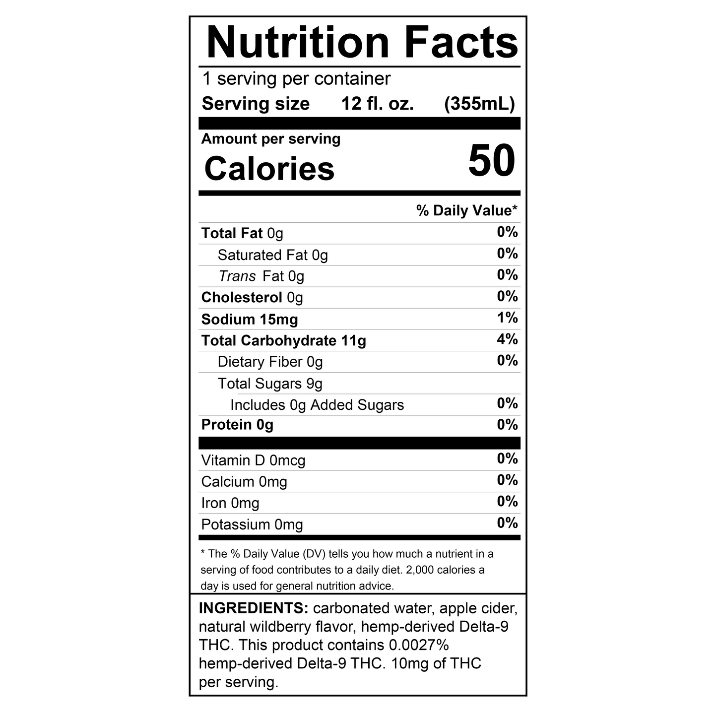 Dankers Moonberry Hemp-Derived Delta-9 THC + CBD Sparkling Juice Nutrition Panel