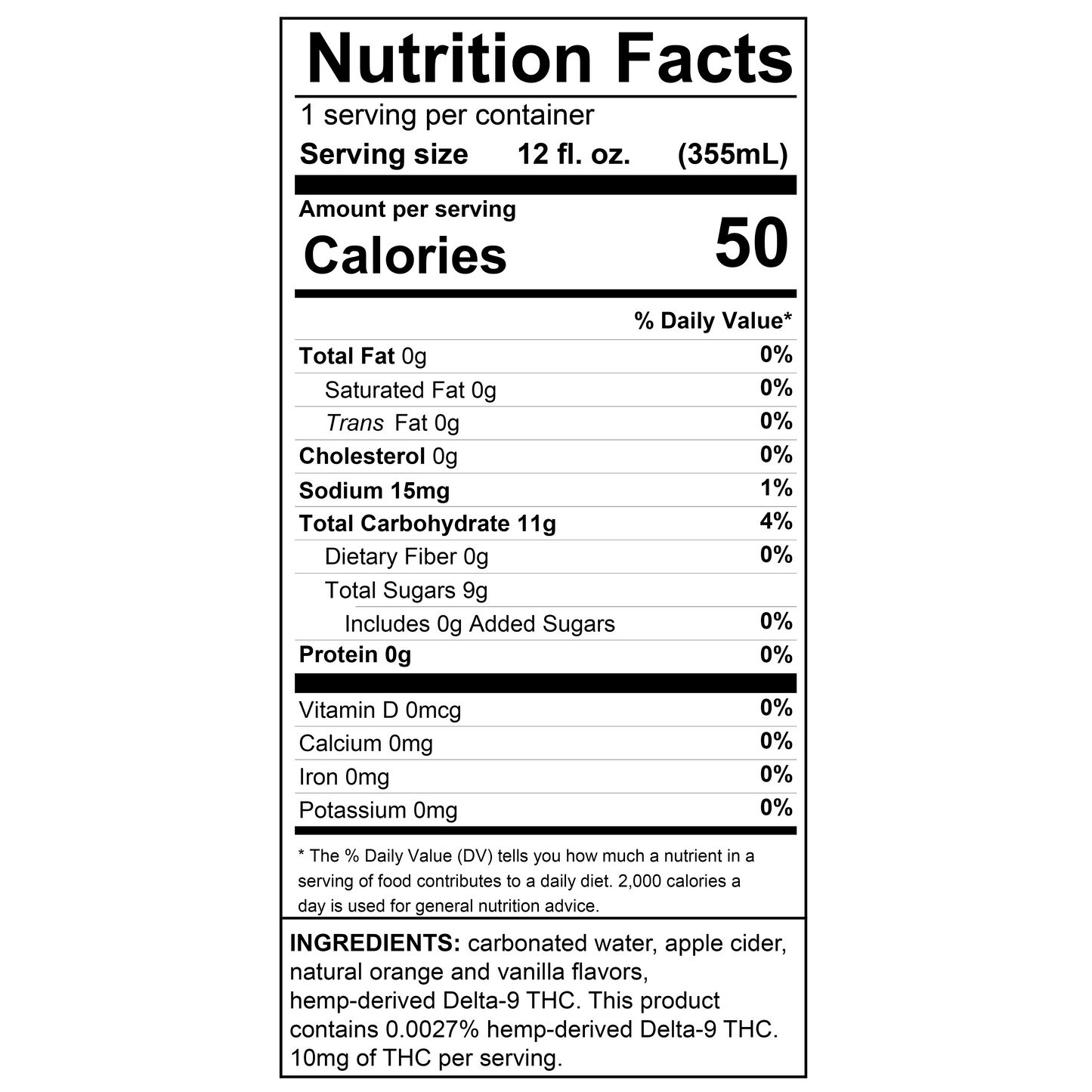 Dankers Orange Cream Hemp-Derived Delta-9 THC + CBD Sparkling Juice Nutrition Panel