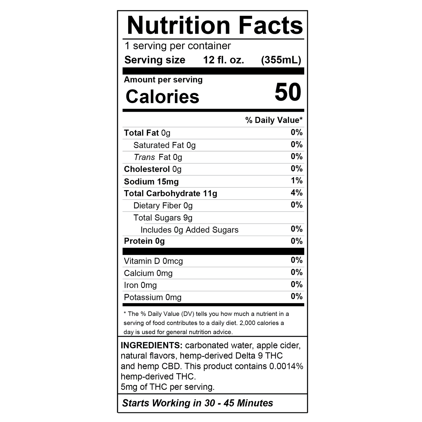 LUNA Apple Raspberry Hemp-Derived Delta-9 THC & CBD Cider Nutrion Panel