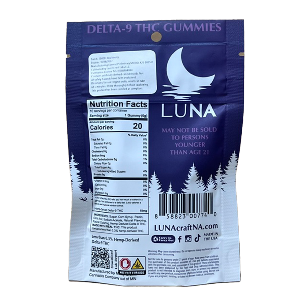 LUNA Blackberry Delta-9 Hemp-Derived THC Gummy Bag Back