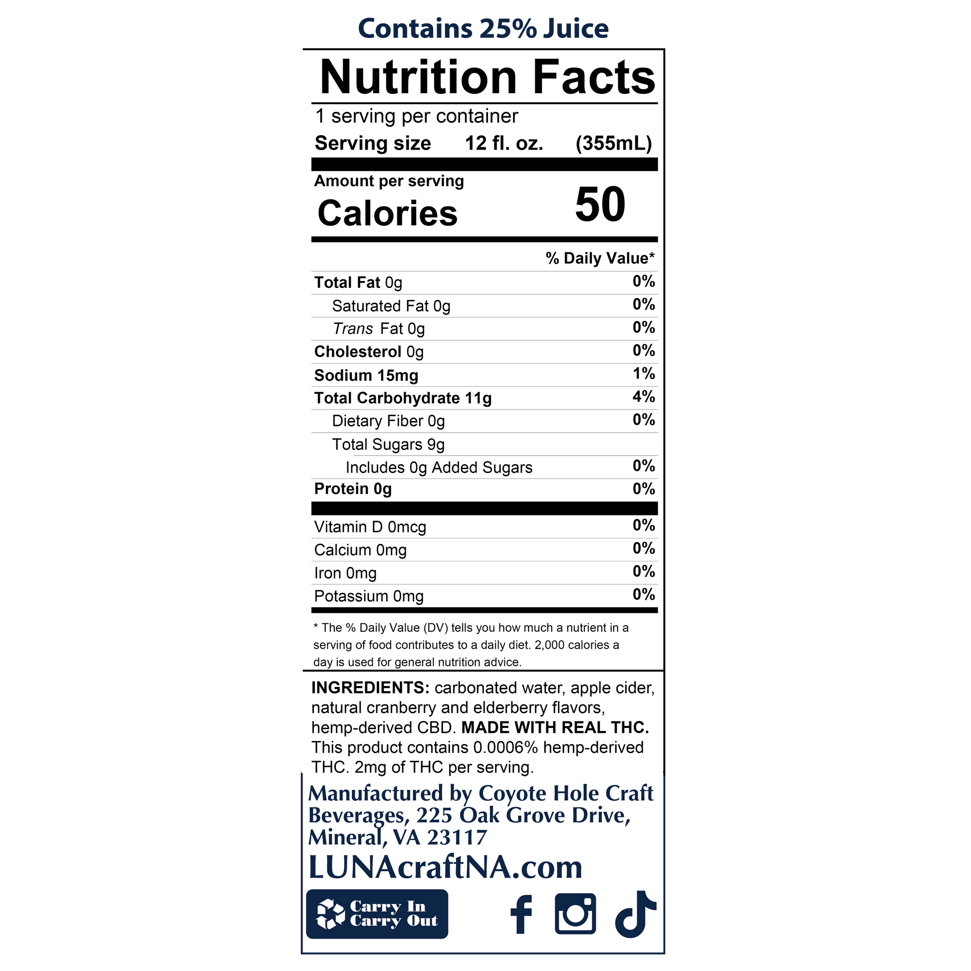 LUNA Cran-Elderberry Hemp-Derived Delta-9 THC + CBD Nutrion Panel