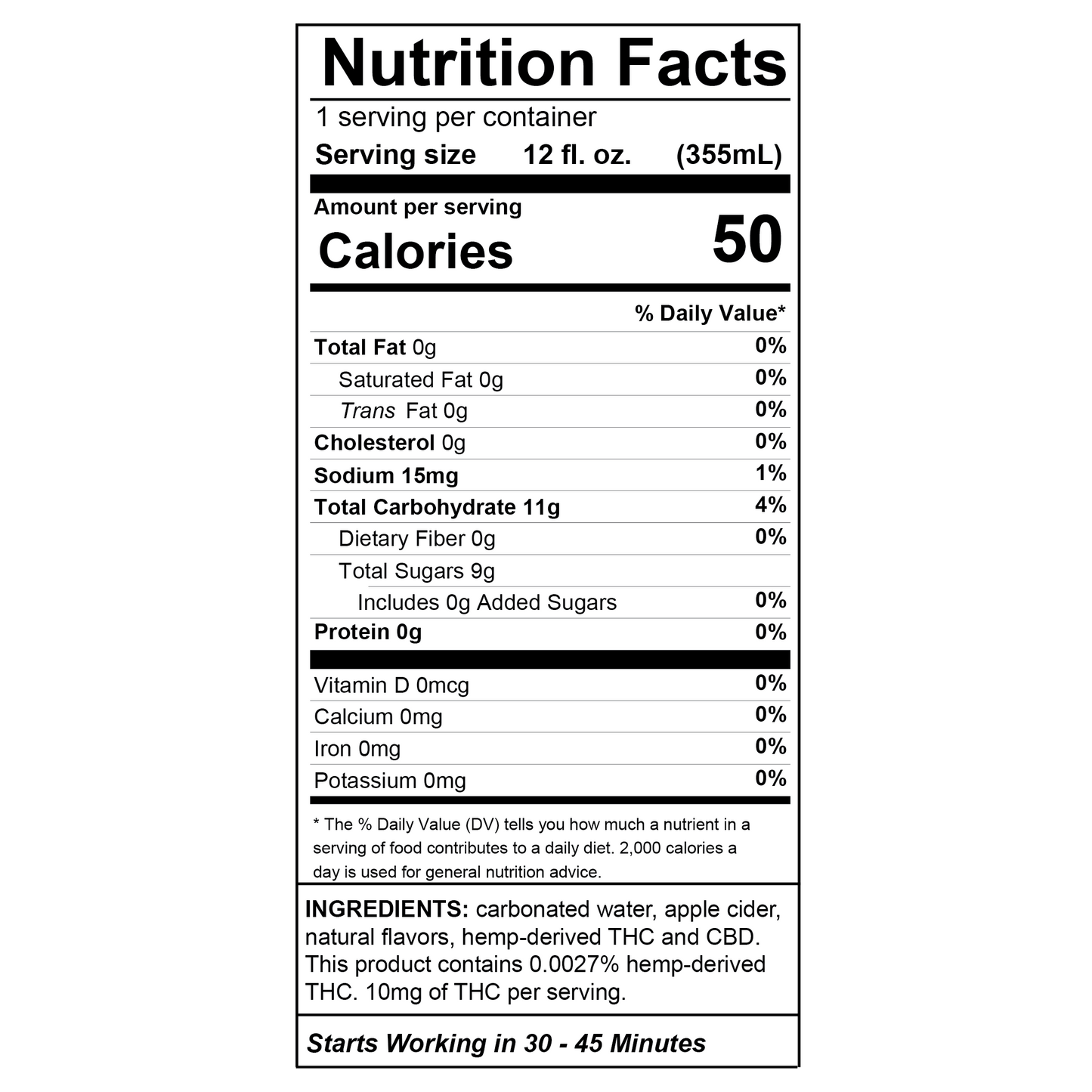 LUNA Margarita Delta-9 Hemp-Derived THC and CBD Cider Nutrition Panel