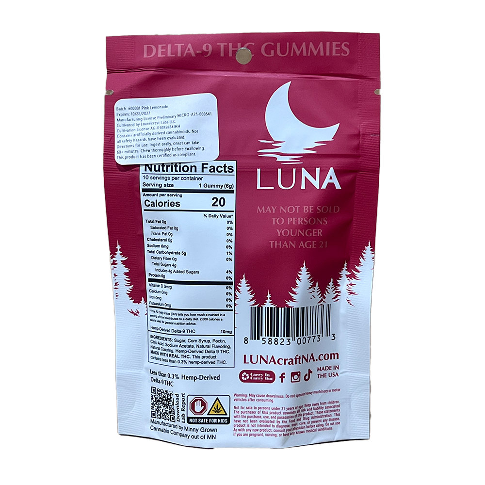 LUNA Pink Lemonade Delta-9 Hemp-Derived THC Gummy Bag Back