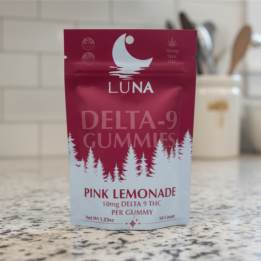 LUNA Pink Lemonade Delta-9 Hemp-Derived THC Gummy Bag Front