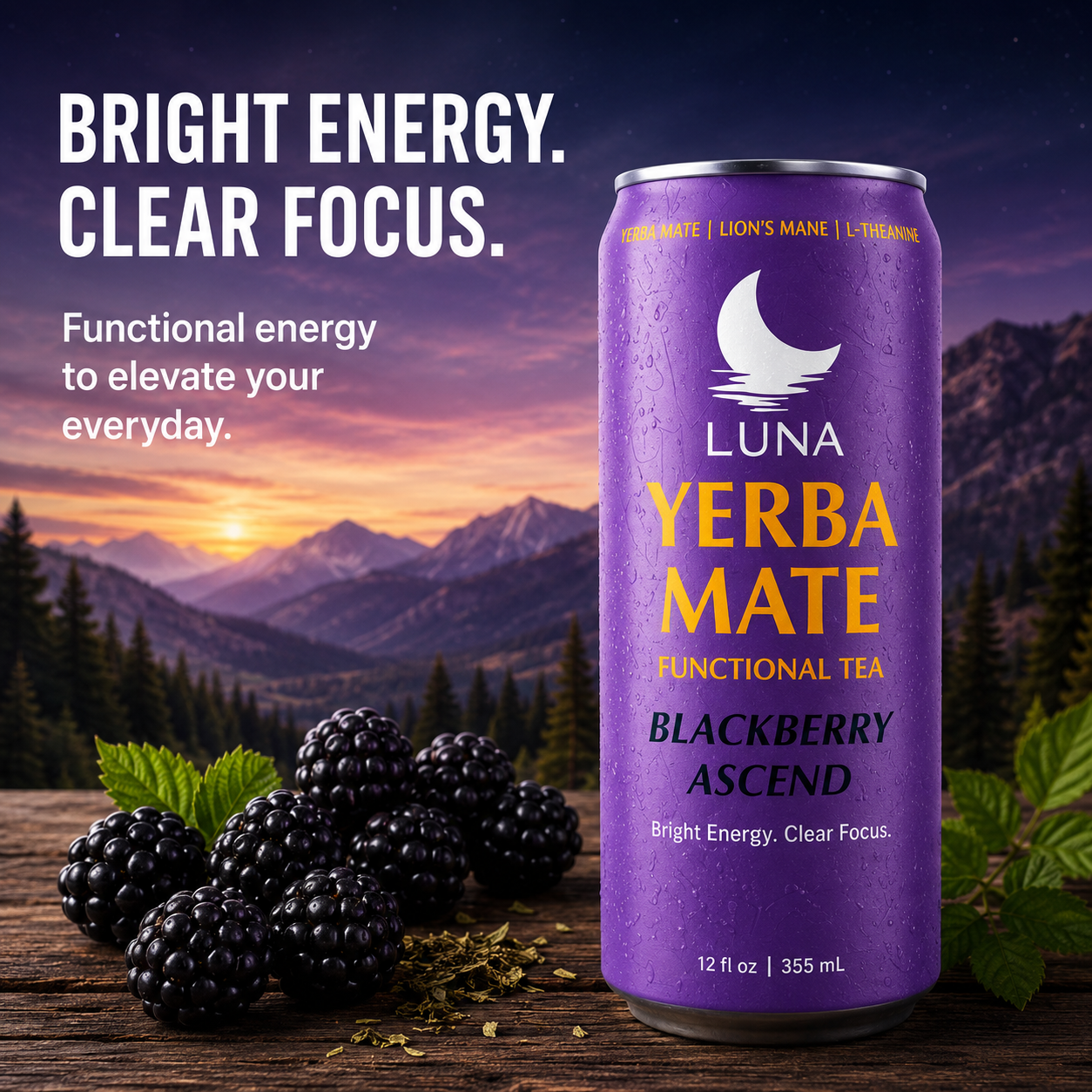 LUNA Blackberry Ascent Yerba Mate Tea Infused with Lion's Mane and Nootroipics