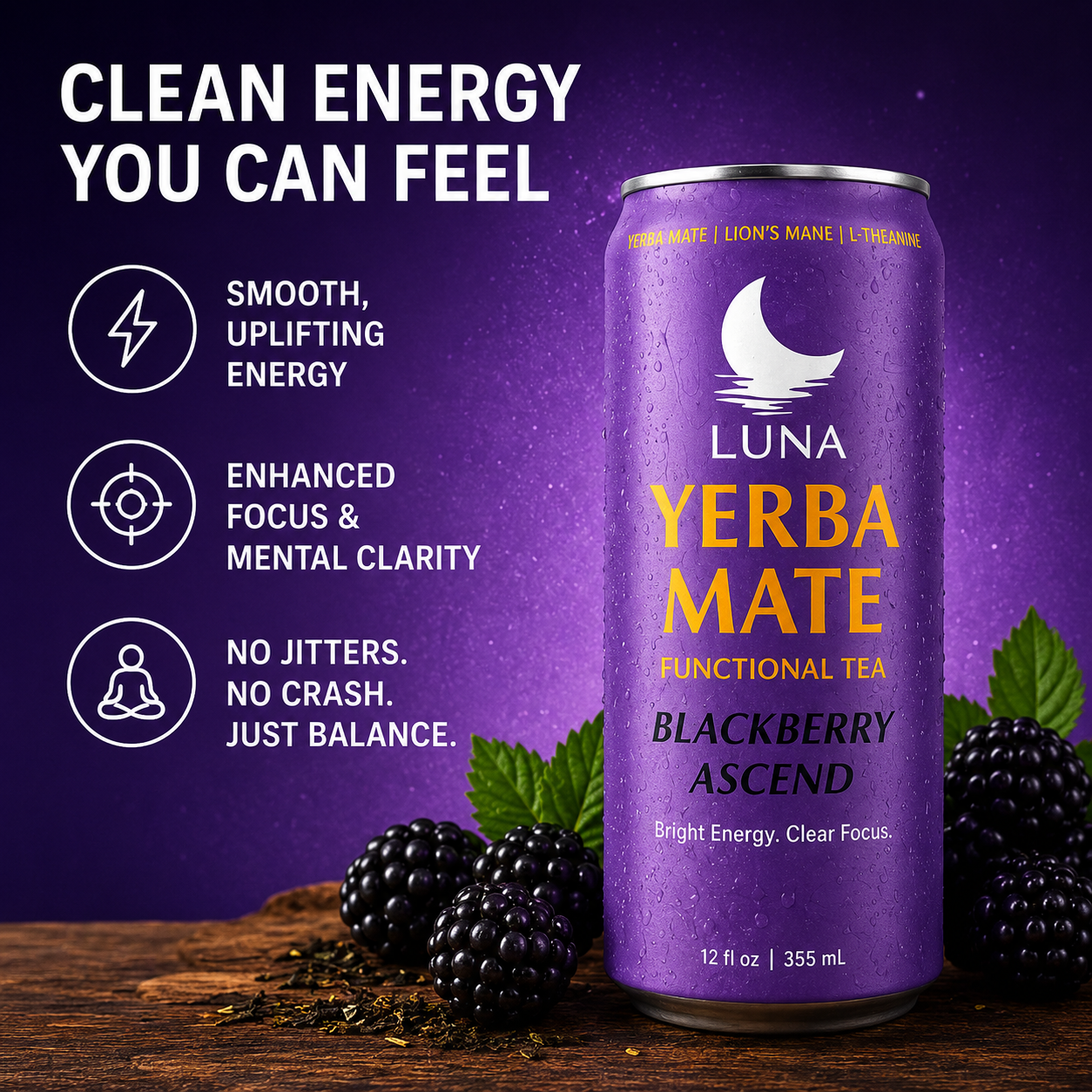 LUNA Blackberry Ascent Yerba Mate Tea Infused with Lion's Mane and Nootroipics