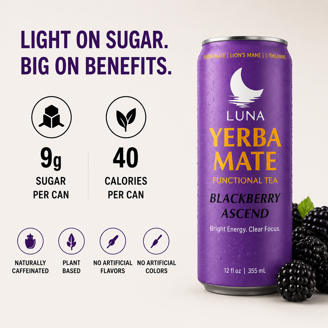 LUNA Blackberry Ascent Yerba Mate Tea Infused with Lion's Mane and Nootroipics