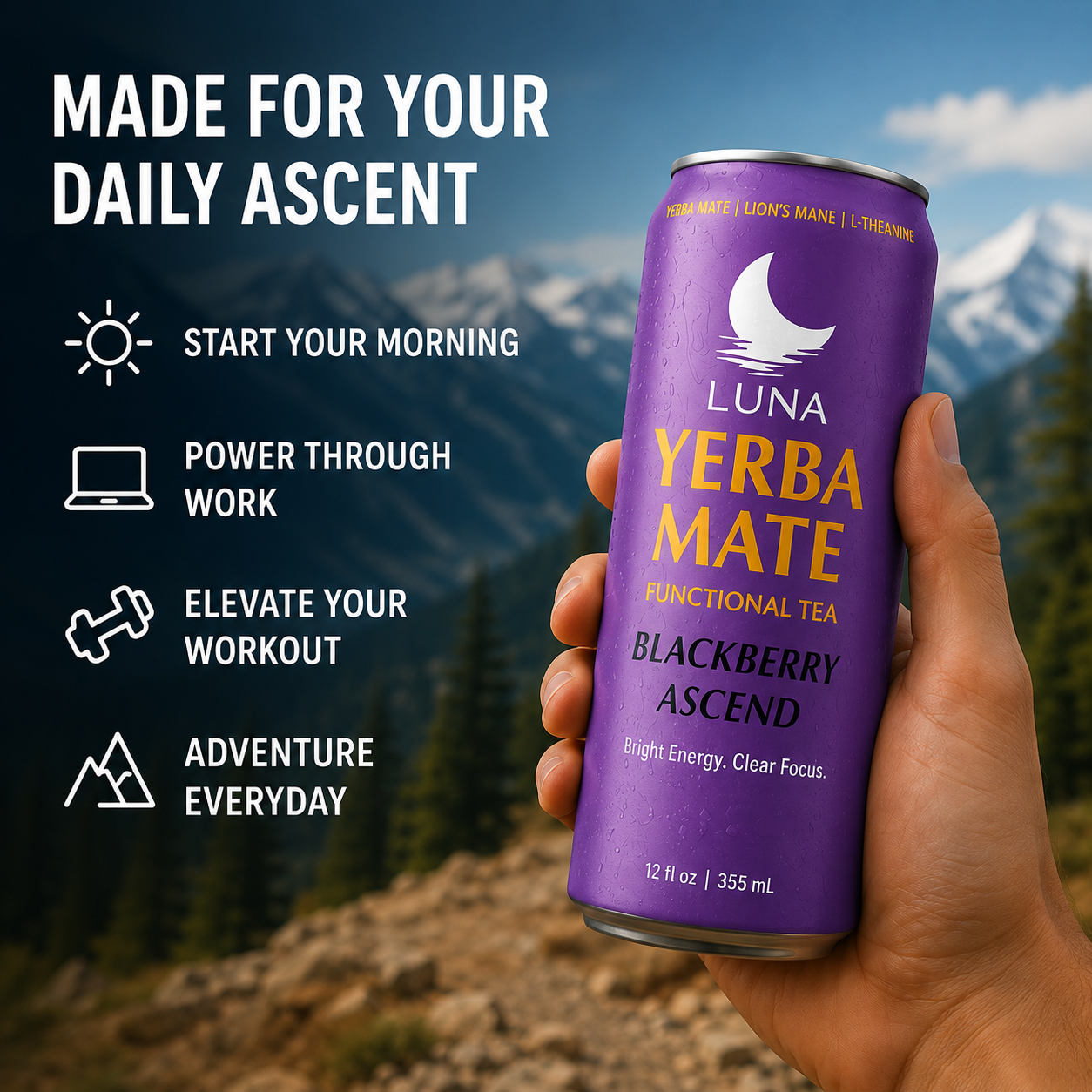 LUNA Blackberry Ascent Yerba Mate Tea Infused with Lion's Mane and Nootroipics