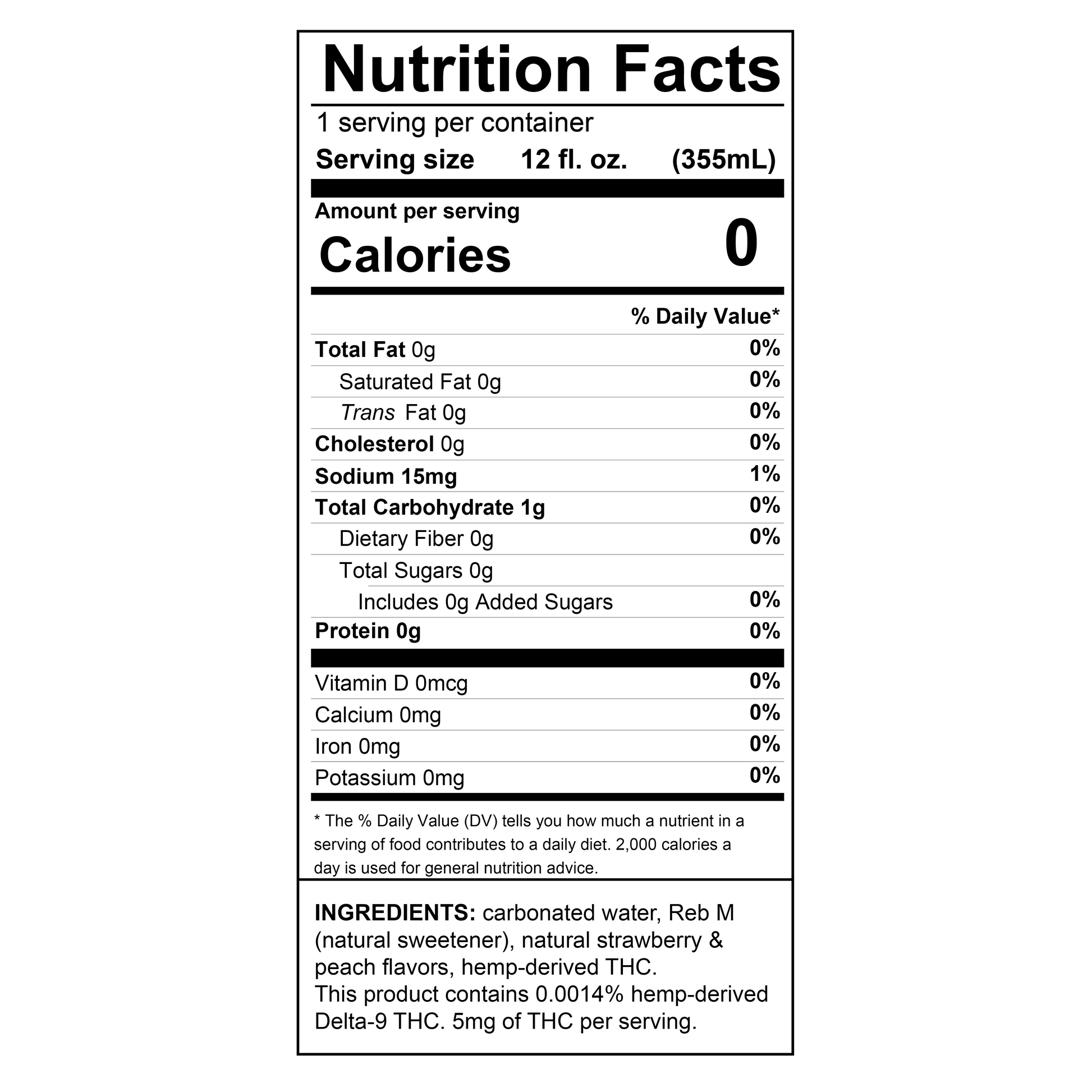 Tree-Fizz Peach Strawberry Hemp-Derived Delta-9 Seltzer Nutrition Panel